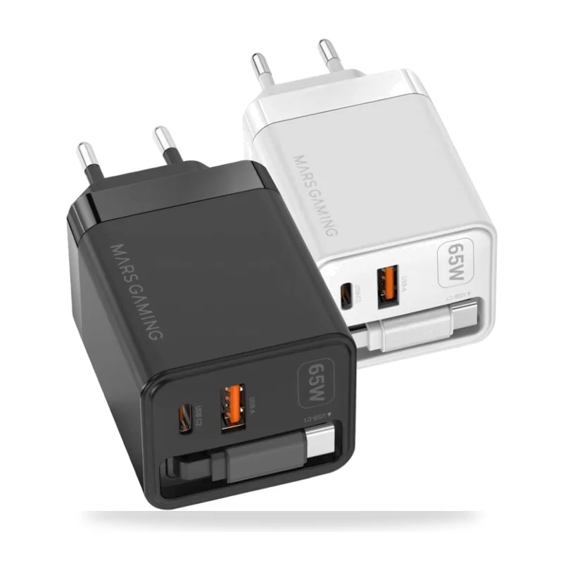 Cargador de Pared GaN Mars Gaming/ 1xUSB Tipo-C/ 1xUSB/ 65W/ Negro