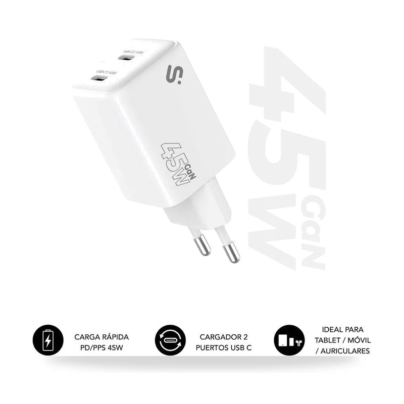 Cargador de Pared GaN Subblim 45W Charger USB C+C/ 2xUSB Tipo-C/ 45W
