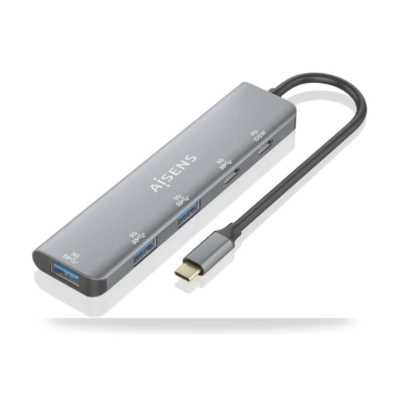 Hub USB Tipo-C Aisens/ 3xUSB/ 1xUSB Tipo-C/ 1xUSB Tipo-C PD/ Gris