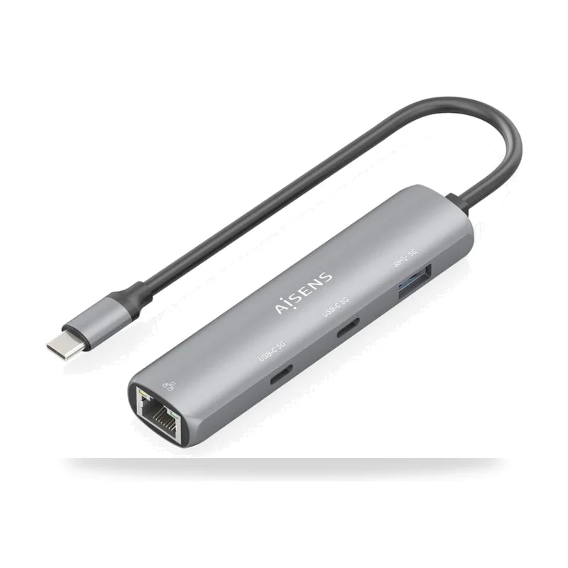 Hub USB Tipo-C Aisens/ 2xUSB Tipo-C/ 1xUSB/ 1xRJ45/ Gris