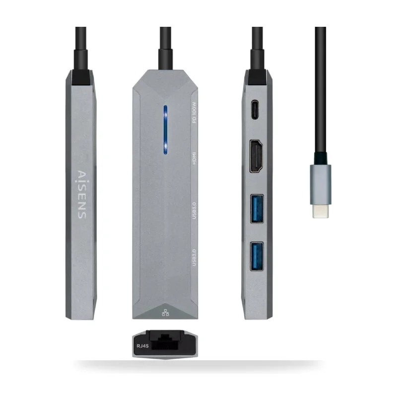Docking USB Tipo-C Aisens/ 1xHDMI 4K/ 2xUSB/ 1xRJ45/ 1xUSB Tipo-C PD/ Gris