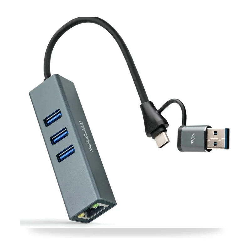 Hub USB + USB Tipo-C 3.0 Nanocable 10.03.0412/ 3xUSB/ 1xRJ45/ Gris