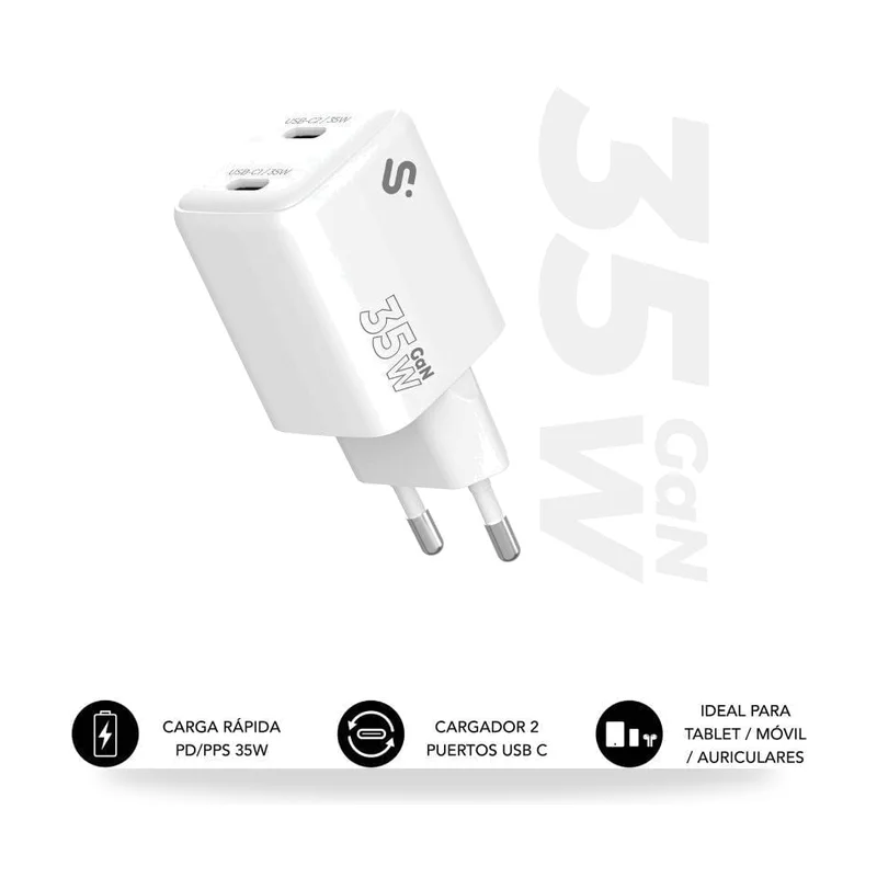 Cargador de Pared GaN Subblim 35W Charger USB C+C/ 2xUSB Tipo-C/ 35W