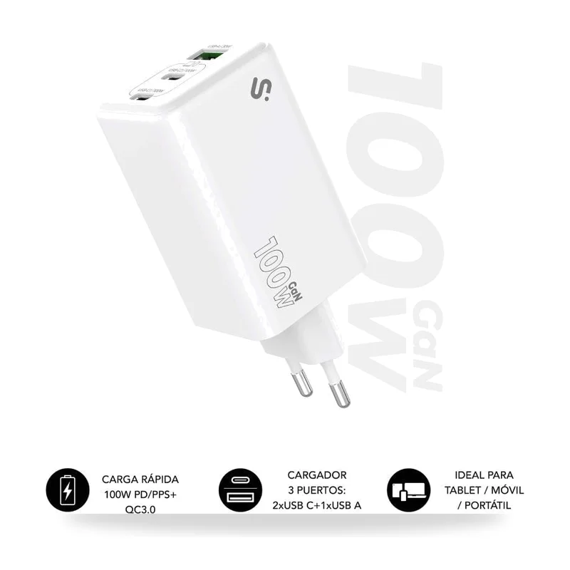 Cargador de Pared GaN Subblim 100W Charger USB C+C+A/ 2xUSB Tipo-C/ 1xUSB/ 100W