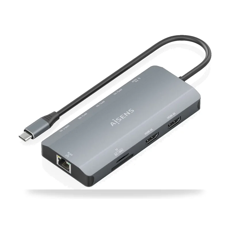 Docking USB Tipo-C Aisens/ 2xHDMI 4K/ 1xRJ45/ 3xUSB/ 1xUSB Tipo-C/ 1xUSB Tipo-C PD/ 1xLector de Tarjetas/ Gris