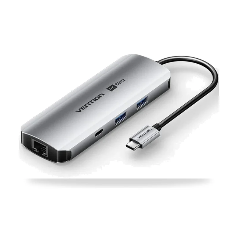 Docking USB Tipo-C Vention TQMHB/ 1xHDMI 4K/ 2xUSB/ 1xUSB Tipo-C/ 1xJack 3.5mm / 1xRJ45/ 1xUSB Tipo-C PD/ 1xLector Tarjetas/ Gris