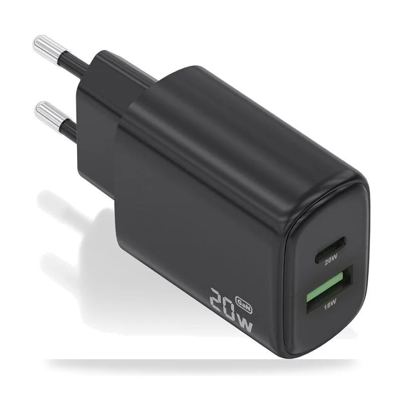 Cargador de Pared GaN Aisens A110-0910/ 1xUSB Tipo-C/ 1xUSB/ 20W/ Negro