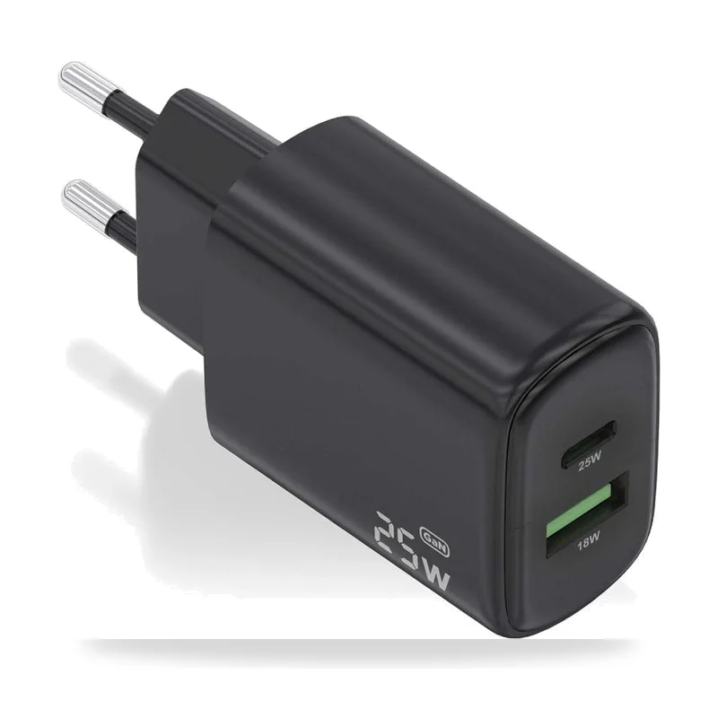Cargador de Pared GaN Aisens A110-0912/ 1xUSB Tipo-C/ 1xUSB/ 25W/ Negro