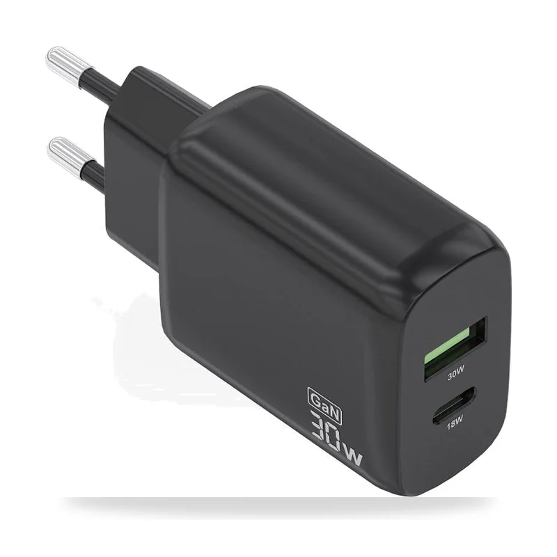 Cargador de Pared GaN Aisens A110-0924/ 1xUSB Tipo-C/ 1xUSB/ 30W/ Negro