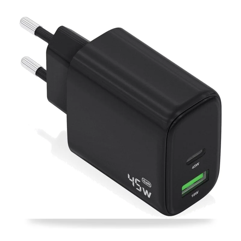 Cargador de Pared GaN Aisens A110-0972/ 1xUSB Tipo-C/ 1xUSB/ 45W/ Negro
