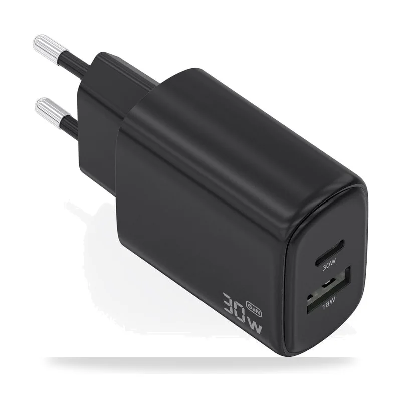 Cargador de Pared GaN Aisens A110-0978/ 1xUSB Tipo-C/ 1xUSB/ 30W/ Negro