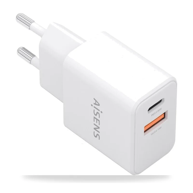 Cargador de Pared GaN Aisens A110-1025/ 1xUSB Tipo-C/ 1xUSB/ 20W/ Blanco