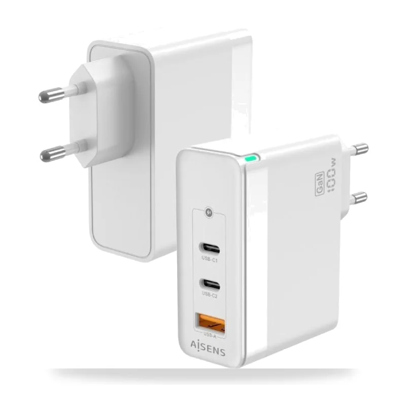Cargador de Pared GaN Aisens ASCH-100W3P008-W/ 2xUSB Tipo-C/ 1x USB/ 100W