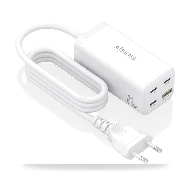 Cargador Sobremesa GaN Aisens ASCH-100W4P053-W/ 3xUSB Tipo-C/ 1xUSB/ 100W