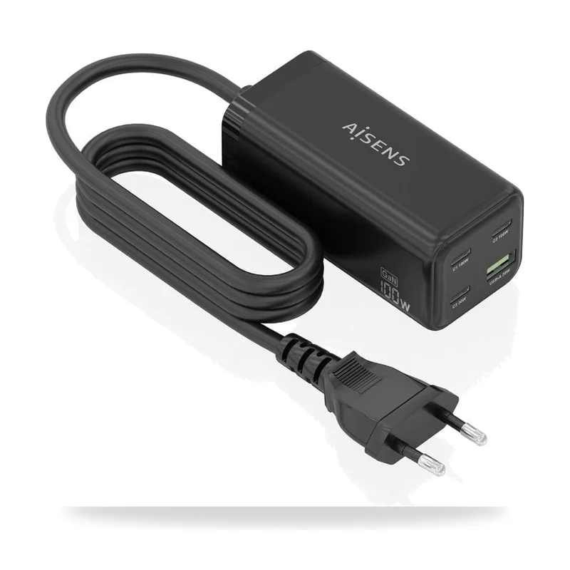Cargador Sobremesa GaN Aisens ASCH-100W4P054-BK/ 3xUSB Tipo-C/ 1xUSB/ 100W
