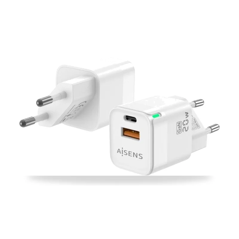 Cargador de Pared GaN Aisens ASCH-20W2P002-W/ 1xUSB Tipo-C/ 1xUSB/ 20W