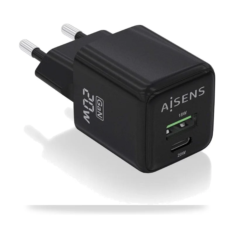 Cargador de Pared GaN Aisens ASCH-20W2P011-BK/ 1xUSB Tipo-C/ 1xUSB/ 20W