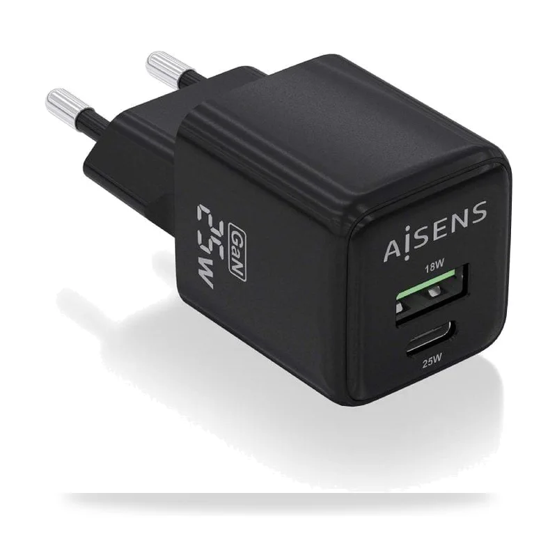 Cargador de Pared GaN Aisens ASCH-25W2P015-BK/ 1xUSB Tipo-C/ 1xUSB/ 25W