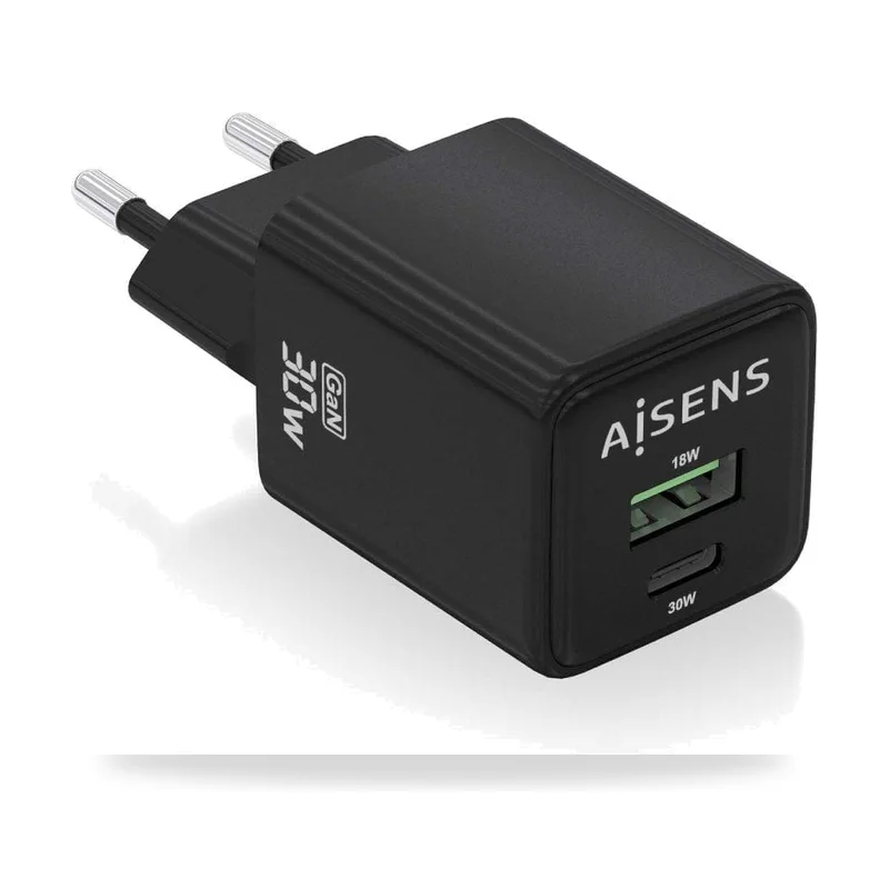 Cargador de Pared GaN Aisens ASCH-30W2P038-BK/ 1xUSB Tipo-C/ 1xUSB/ 30W