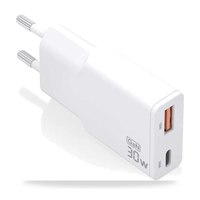 Cargador de Pared GaN Aisens ASCH-30W2P046-W/ 1xUSB Tipo-C/ 1xUSB/ 30W/ Blanco