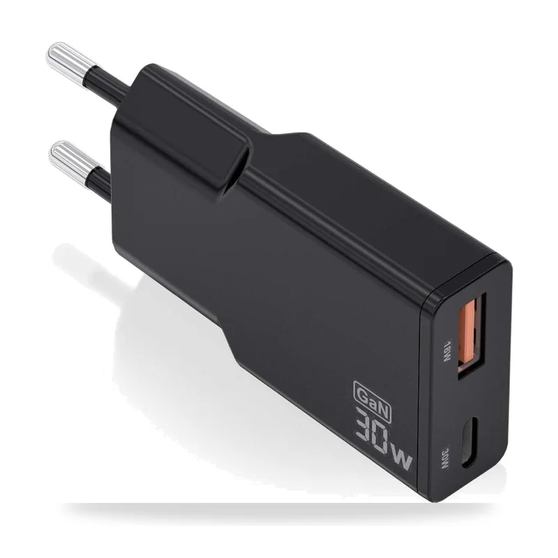 Cargador de Pared GaN Aisens ASCH-30W2P047-BK/ 1xUSB Tipo-C/ 1xUSB/ 30W/ Negro