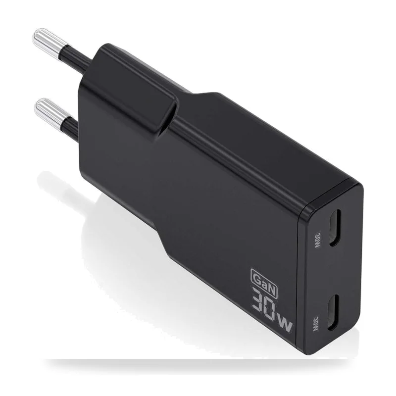 Cargador de Pared GaN Aisens ASCH-30W2P049-BK/ 2xUSB Tipo-C/ 30W/ Negro
