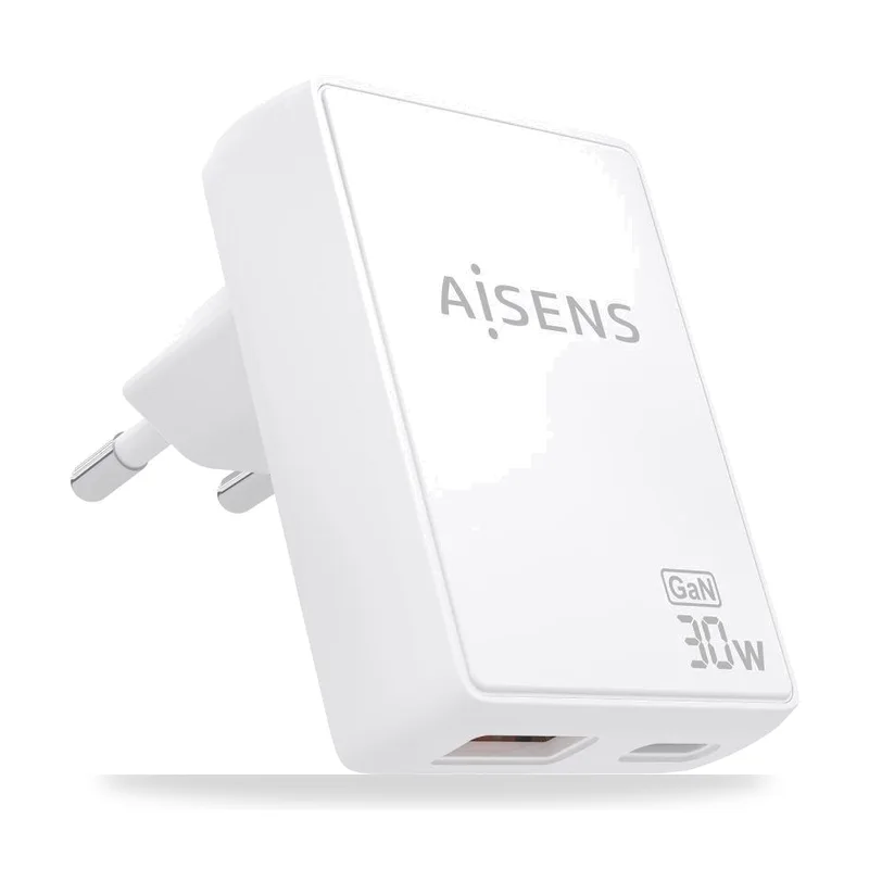 Cargador de Pared GaN Aisens ASCH-30W2P074-W/ 1xUSB Tipo-C/ 1xUSB/ 30W/ Blanco