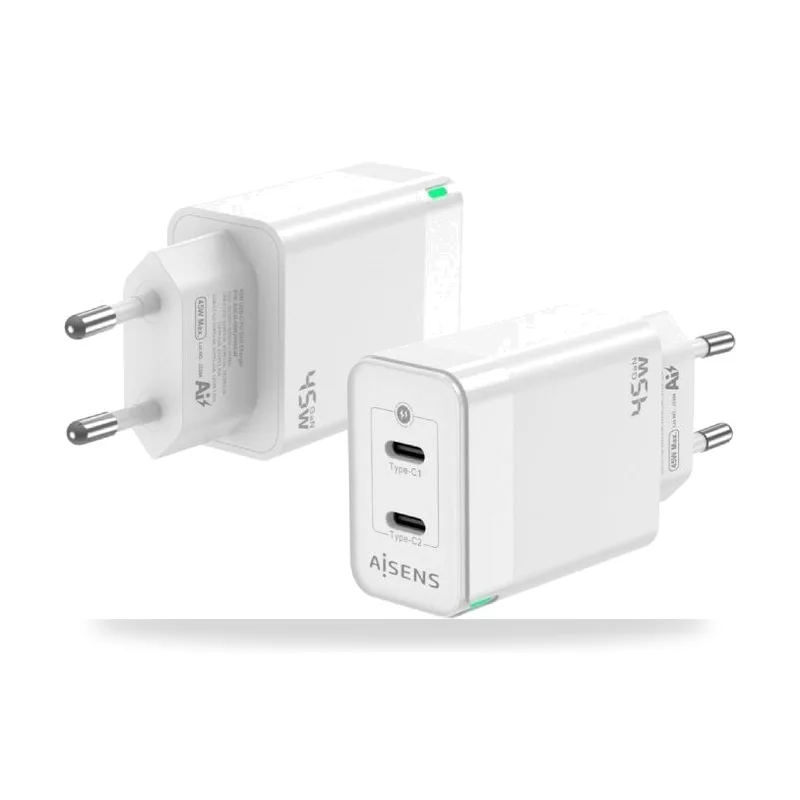 Cargador de Pared GaN Aisens ASCH-45W2P005-W/ 2xUSB Tipo-C/ 45W