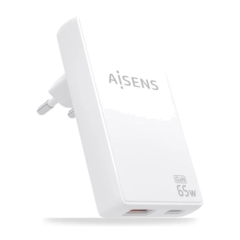Cargador de Pared GaN Aisens ASCH-65W2P076-W/ 1xUSB Tipo-C/ 1xUSB/ 65W/ Blanco