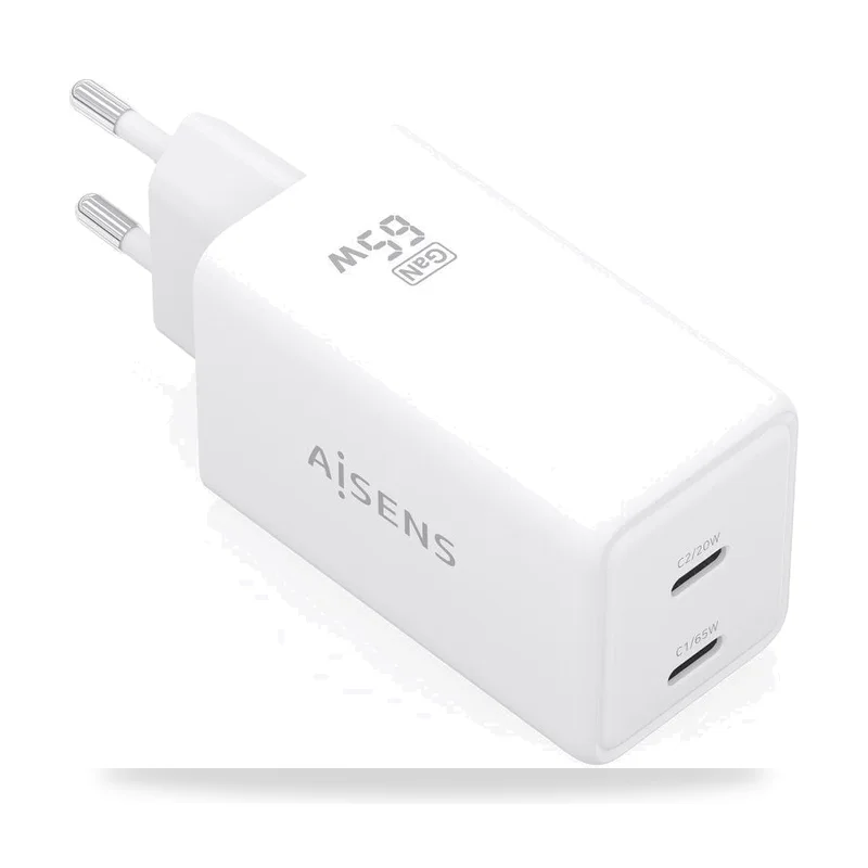 Cargador de Pared GaN Aisens ASCH-65W2P078-W/ 2xUSB Tipo-C/ 65W/ Blanco