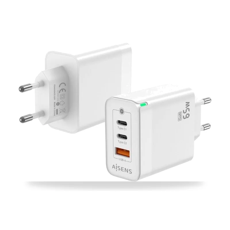 Cargador de Pared GaN Aisens ASCH-65W3P007-W/ 2xUSB Tipo-C/ 1x USB/ 65W