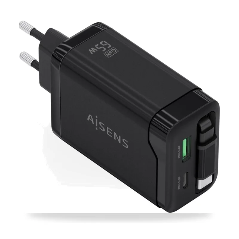 Cargador de Pared GaN Aisens ASCH-65W3P071-BK/ 1xUSB Tipo-C/ 1xUSB/ 65W/ Negro