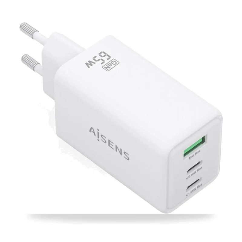 Cargador de Pared GaN Aisens ASCH-65W3P072-W/ 2xUSB Tipo-C/ 1xUSB/ 65W/ Blanco