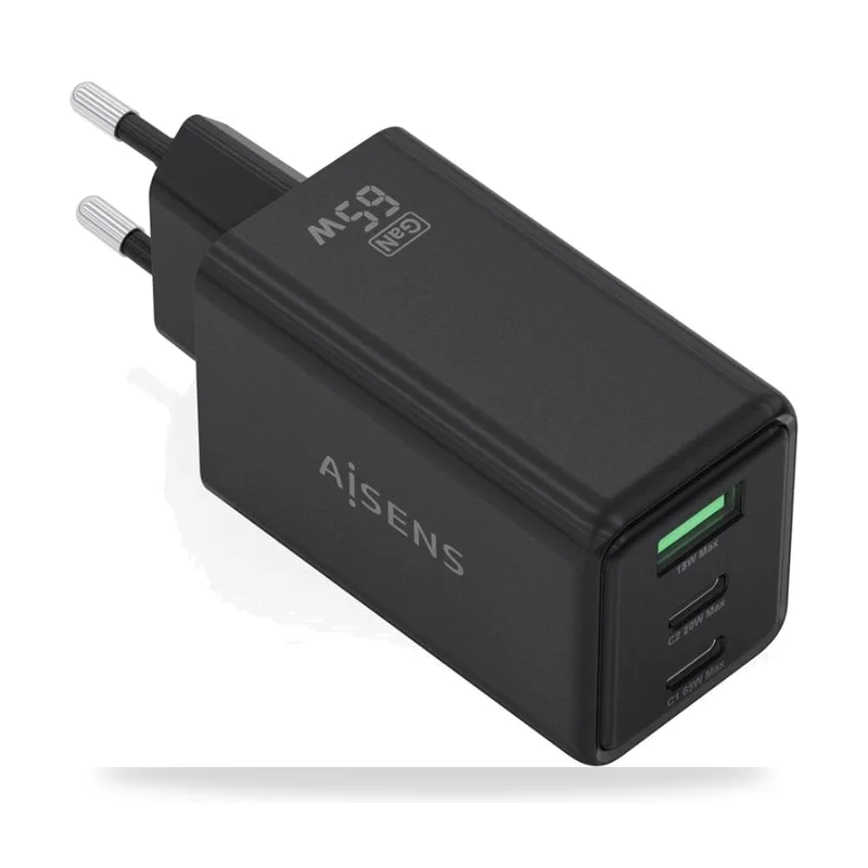 Cargador de Pared GaN Aisens ASCH-65W3P073-BK/ 2xUSB Tipo-C/ 1xUSB/ 65W/ Negro