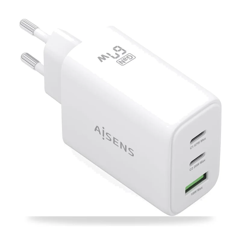 Cargador de Pared GaN Aisens ASCH-67W3P086-W/ 2xUSB Tipo-C/ 1xUSB/ 67W/ Blanco
