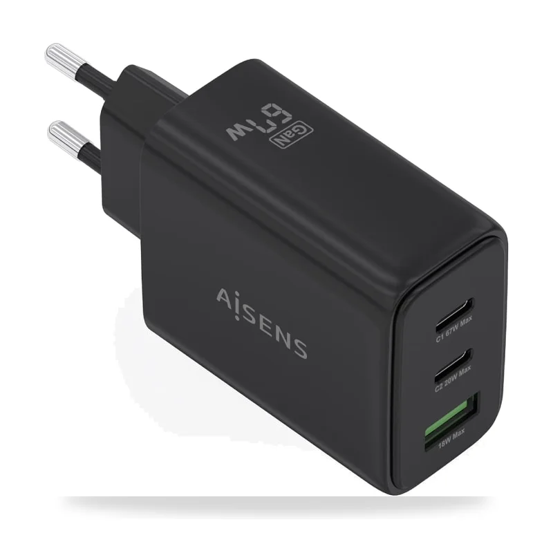 Cargador de Pared GaN Aisens ASCH-67W3P087-BK/ 2xUSB Tipo-C/ 1xUSB/ 67W