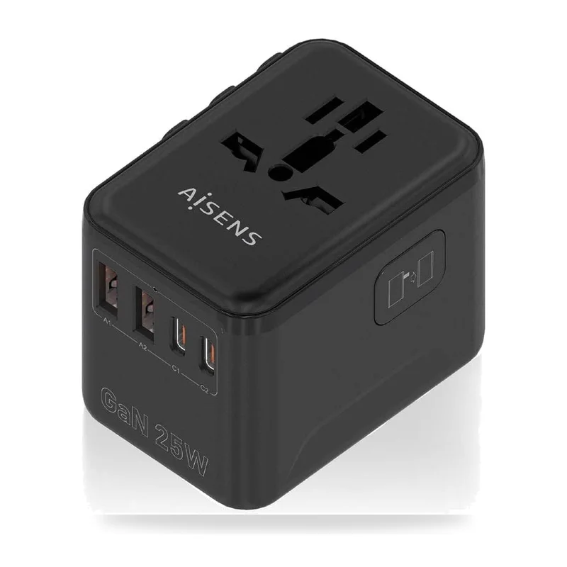 Cargador de Pared Universal GaN para Viaje Aisens ASPS-2A2C08-BK/ Toma de Corriente Universal/ 2xUSB Tipo-C/ 2xUSB/ 25W