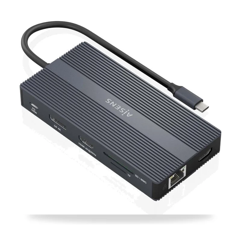 Docking USB Tipo-C Aisens ASUC-12P017-GR/ 2xHDMI 4K/ 4xUSB/ 1xUSB Tipo-C/ 1xRJ45/ 1xDisplayPort/ 1xLector Tarjetas/ 1xUSB Tipo-C PD/ Gris