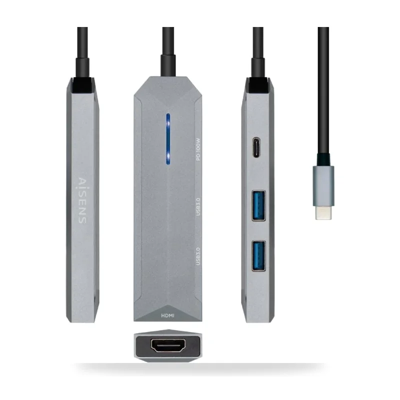 Docking USB Tipo-C Aisens ASUC-4P002-GR/ 1xHDMI 4K/ 2xUSB/ 1xUSB Tipo-C PD/ Gris
