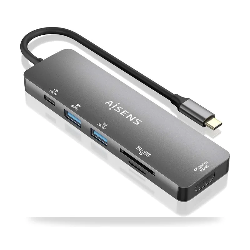 Docking USB Tipo-C Aisens ASUC-6P016-GR/ 1xHDMI 4K/ 2xUSB/ 1xLector Tarjetas/ 1xUSB Tipo-C PD/ Gris