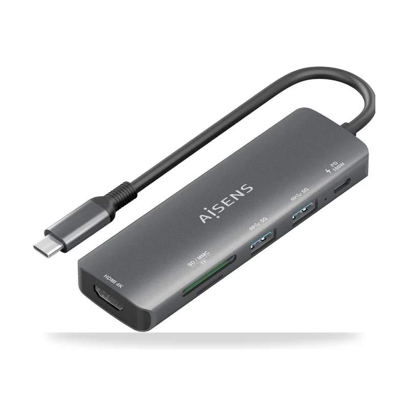 Docking USB Tipo-C Aisens ASUC-6P023-GR/ 1xHDMI 4K/ 2xUSB/ 1xUSB Tipo-C PD/ 1xLector Tarjetas/ Gris