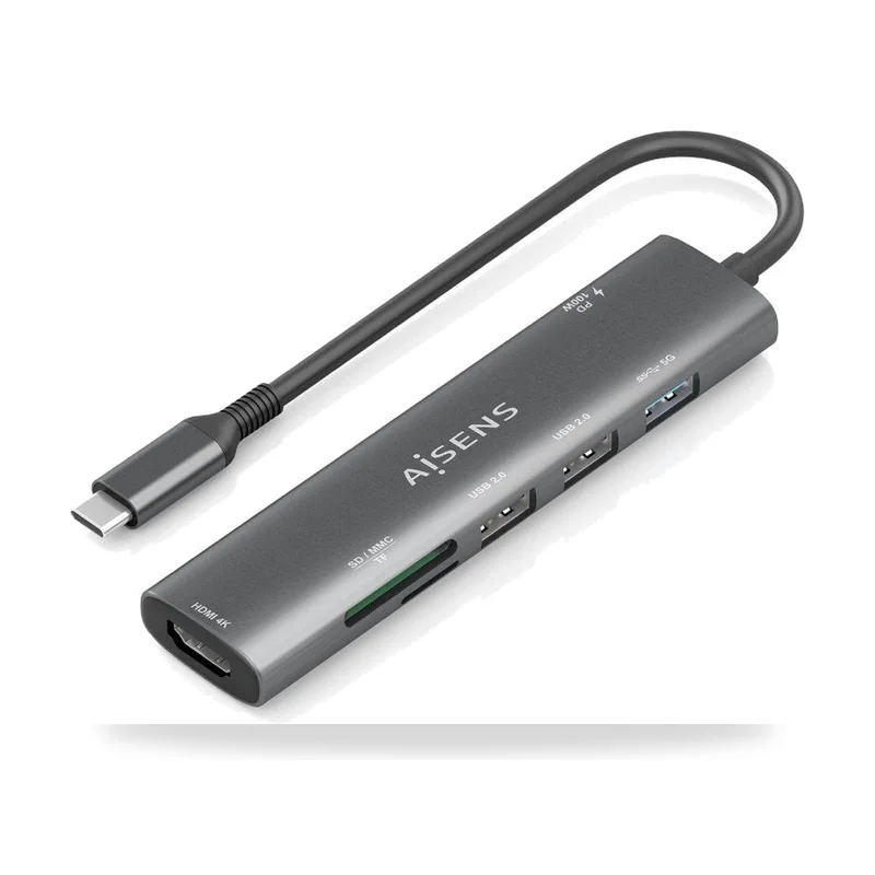 Docking USB Tipo-C Aisens ASUC-7P027-GR/ 1xHDMI 4K/ 3xUSB/ 1xUSB Tipo-C PD/ 1xLector Tarjetas/ Gris