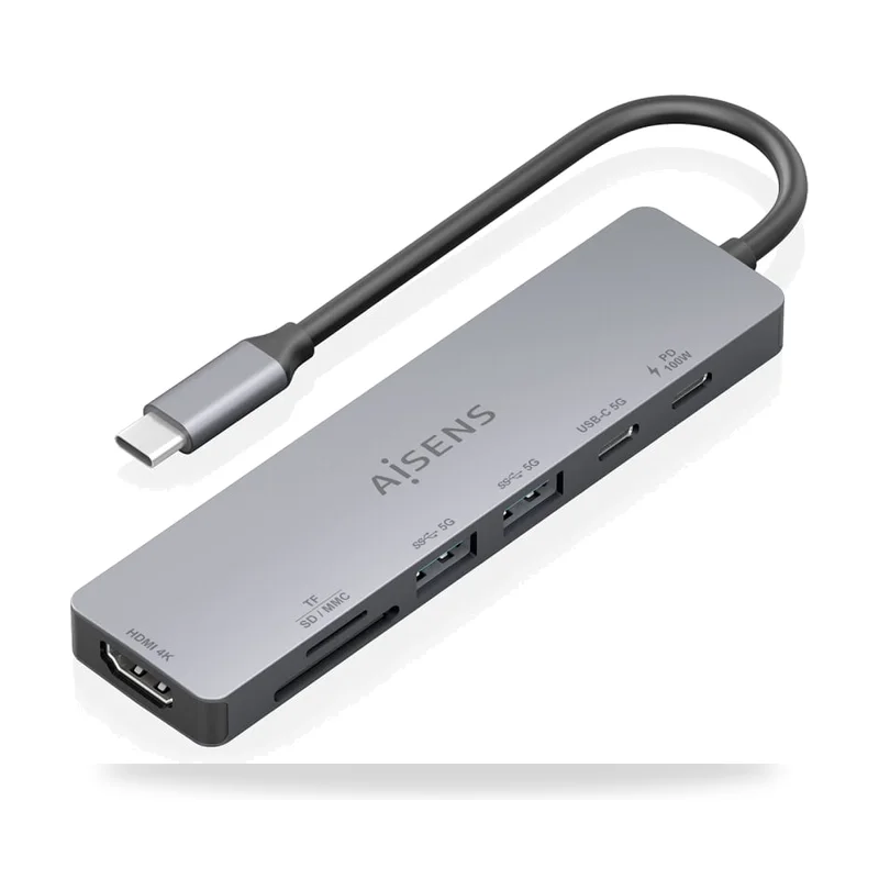 Docking USB Tipo-C Aisens ASUC-7P048-GR/ 1xHDMI 4K/ 2xUSB/ 1xUSB Tipo-C/ 1xUSB Tipo-C PD/ 1x Lector de Tarjetas/ Gris
