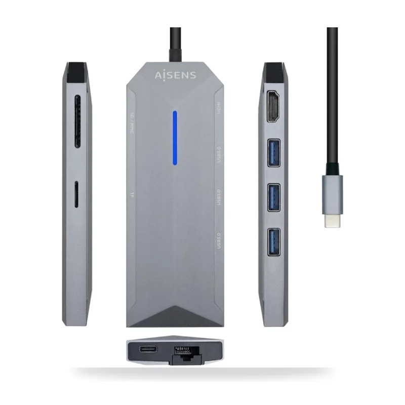 Docking USB Tipo-C Aisens ASUC-8P004-GR/ 1xHDMI 4K/ 3xUSB/ 1xRJ45/ 1xLector Tarjetas / 1xUSB Tipo-C PD/ Gris