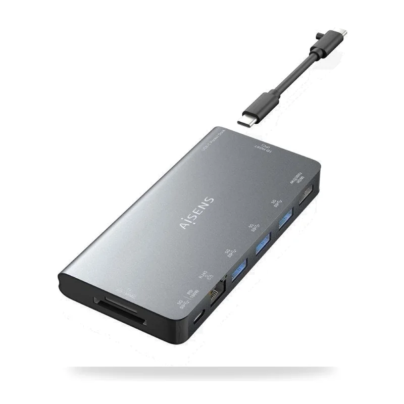 Docking USB Tipo-C Aisens ASUC-8P015-GR/ 1xHDMI 4K/ 3xUSB/ 1xRJ45/ 1xLector Tarjetas / 1xUSB Tipo-C/ Gris