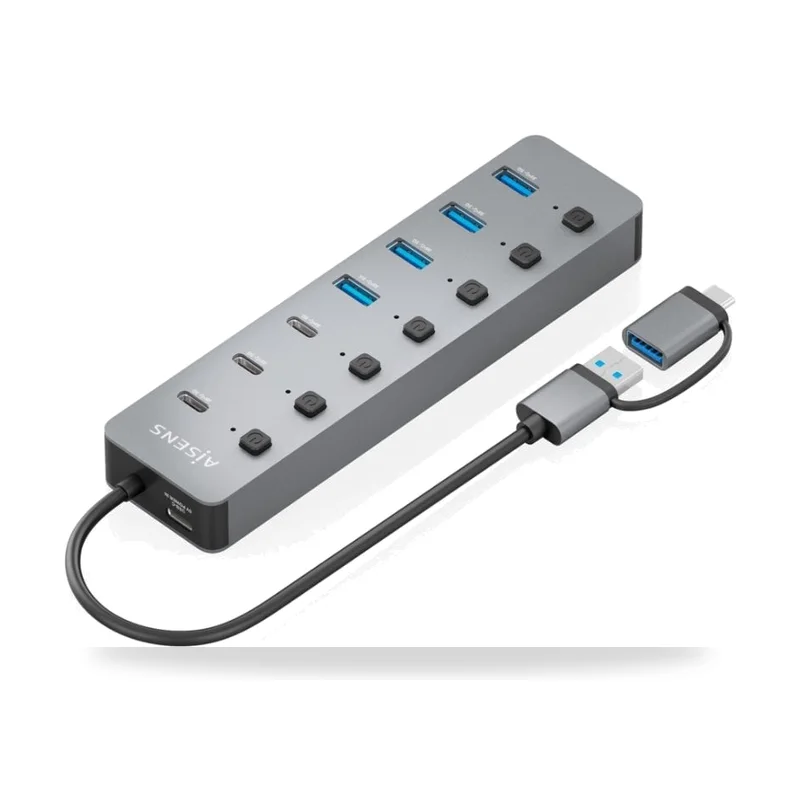 Hub USB Tipo-C + USB 3.1 Aisens ASUC-8P043-GR/ 4xUSB/ 3xUSB Tipo-C/ 1xUSB Tipo-C PD/ Gris