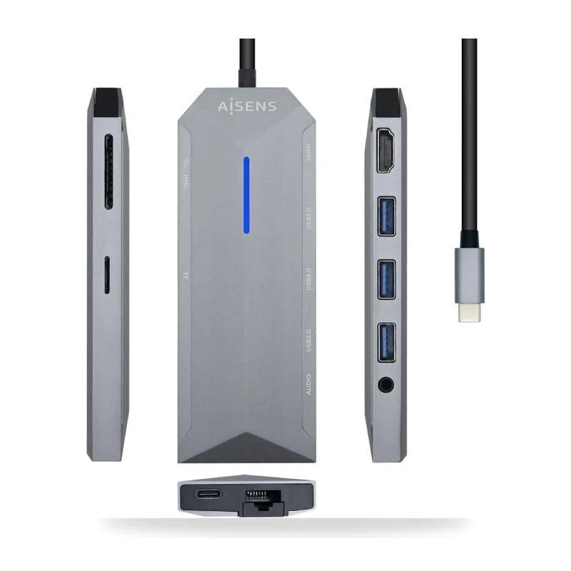 Docking USB Tipo-C Aisens ASUC-9P001-GR/ 1xHDMI 4K/ 3xUSB/ 1xRJ45/ 1xAudio/ 1xLector Tarjetas / 1xUSB Tipo-C PD/ Gris