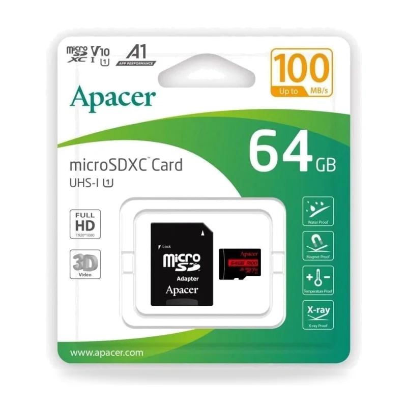 Tarjeta de Memoria Apacer 64GB XC UHS 1 con Adaptador/ Clase 10/ 100MBs