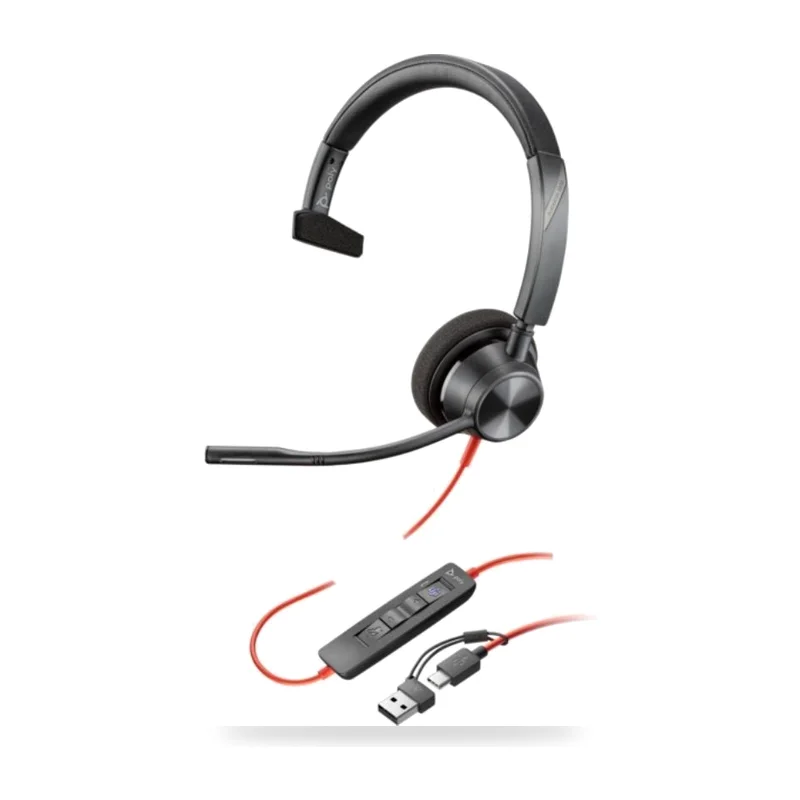 Auricular Poly Blackwire 3310 para Microsoft Teams + Adaptador USB-C/A/ con Micrófono/ USB Tipo-C/ Negro