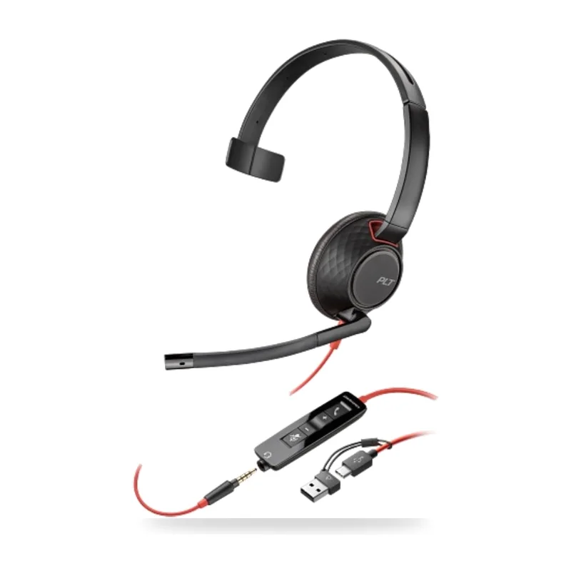 Auricular Poly Blackwire 5210 + Adaptador USB-C/A/ con Micrófono/ Jack 3.5mm/ Negro